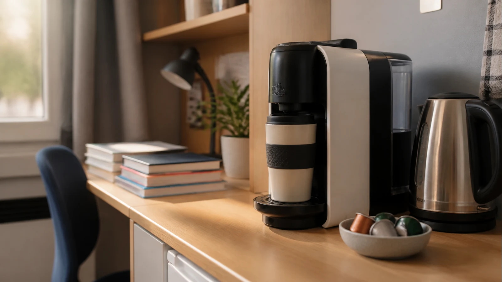 Small pod coffee machine on a student kitchenette counter in the UK