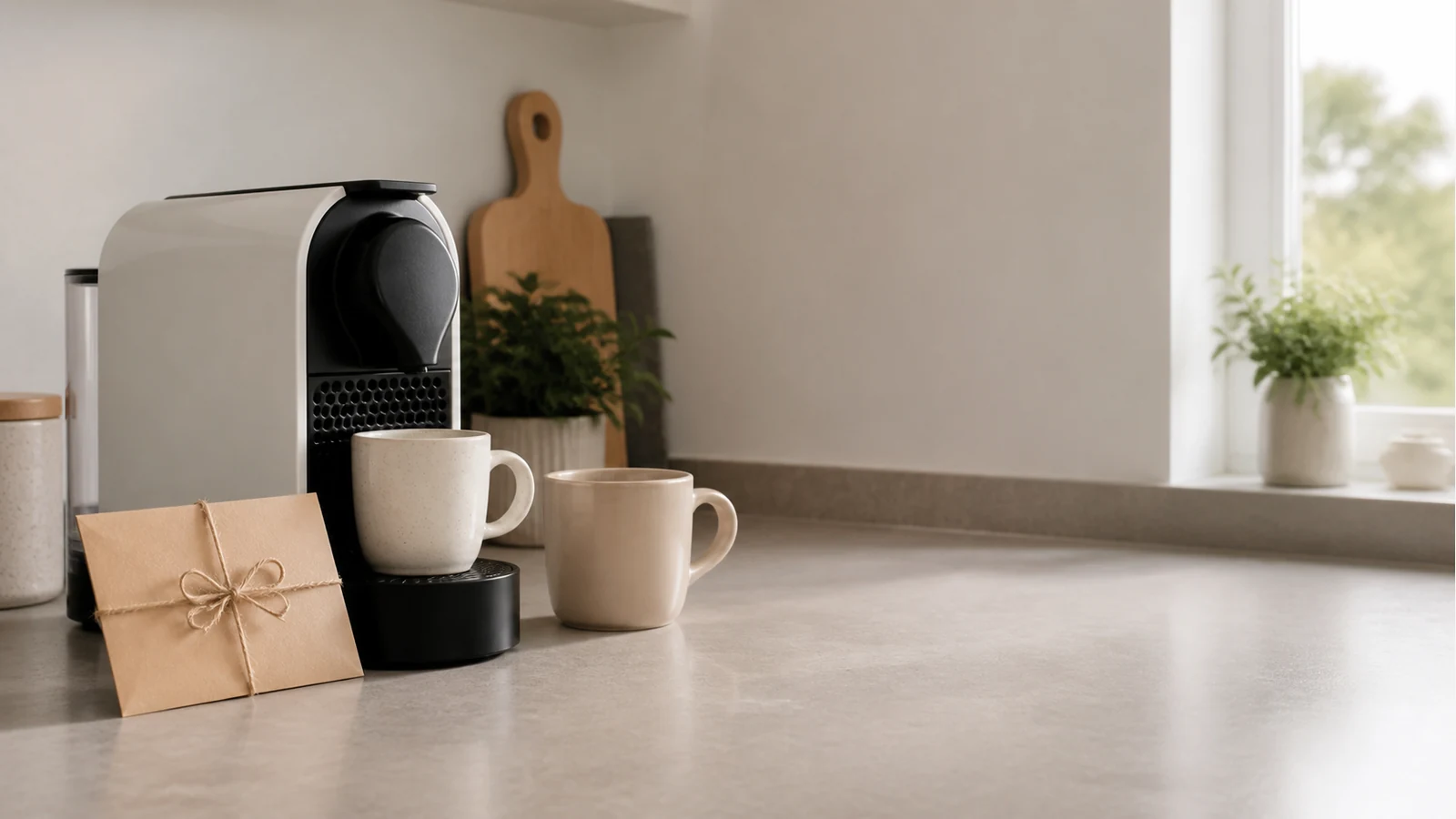 Compact pod coffee machine on a small UK kitchen counter styled as a housewarming gift