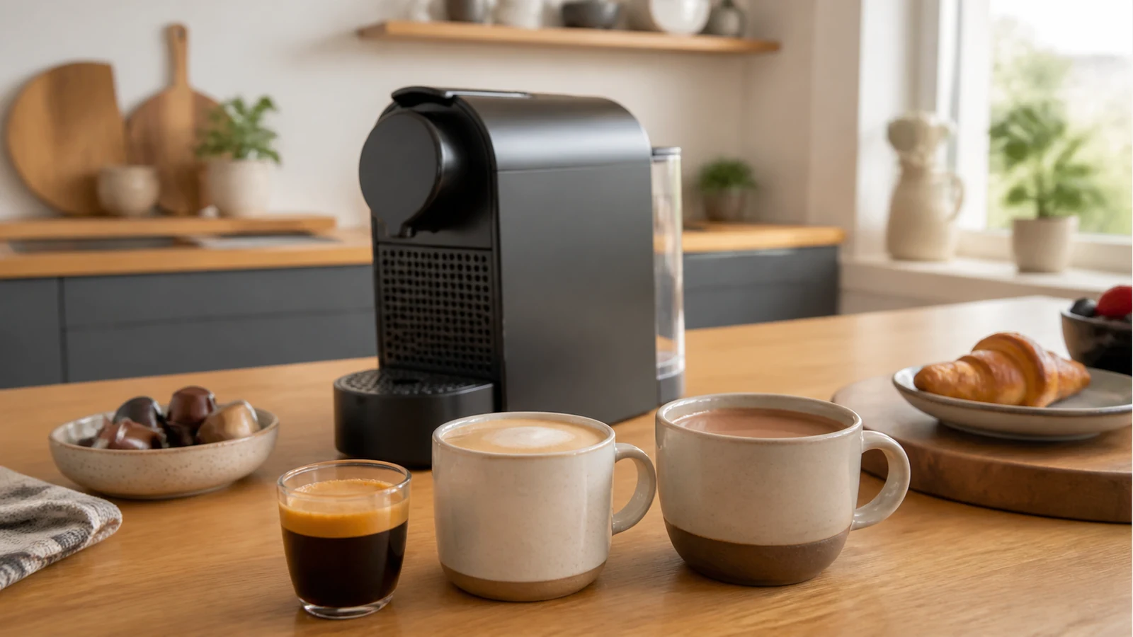 Compact pod coffee machine with latte-style and hot chocolate drinks for a UK family kitchen