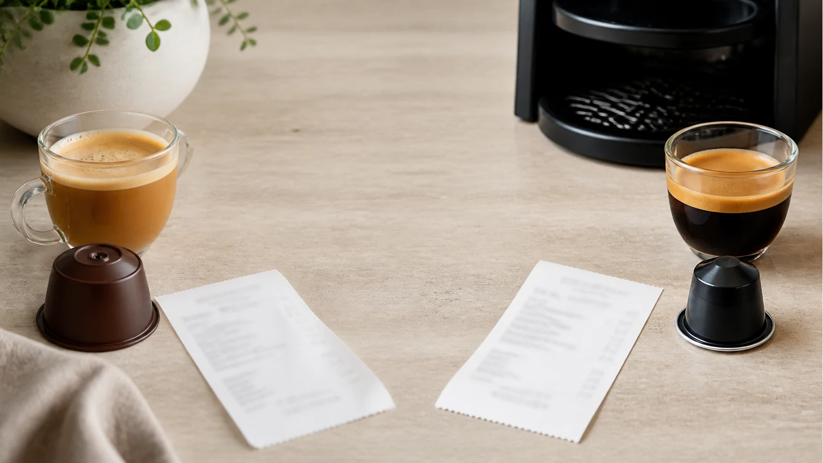 Side-by-side comparison concept of two UK pod coffee systems on a neutral table