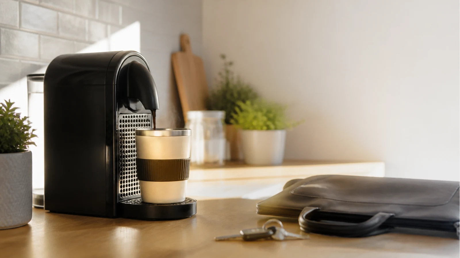 Single-serve pod coffee machine preparing a weekday commute coffee on a UK worktop